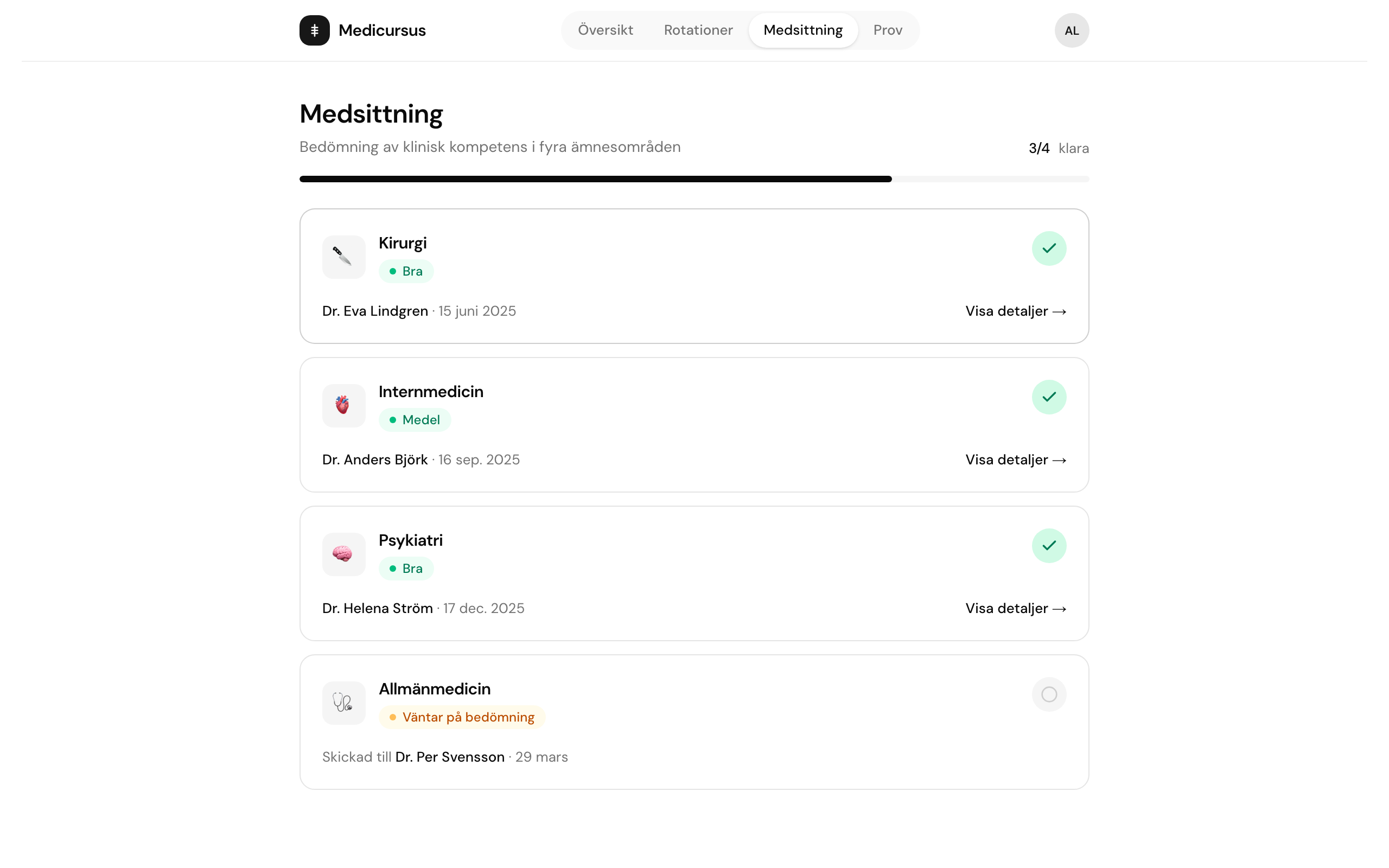Medsittningsöversikt med fyra ämnesområden och bedömningsstatus
