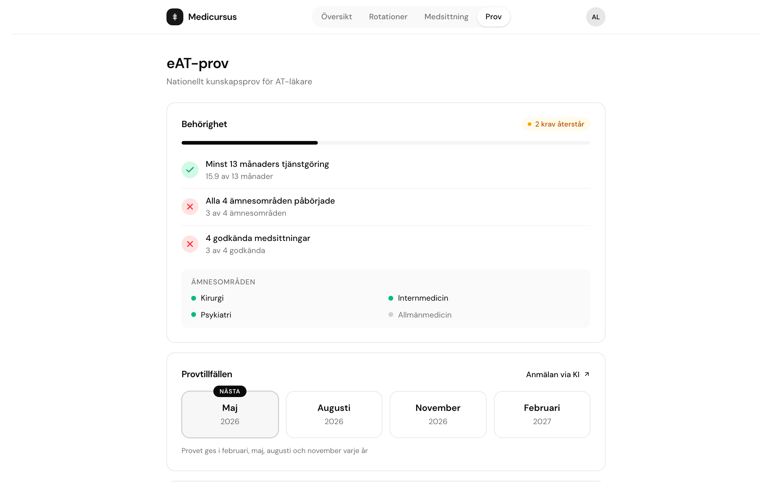 eAT-prov behörighetskrav med provtillfällen och försökslogg