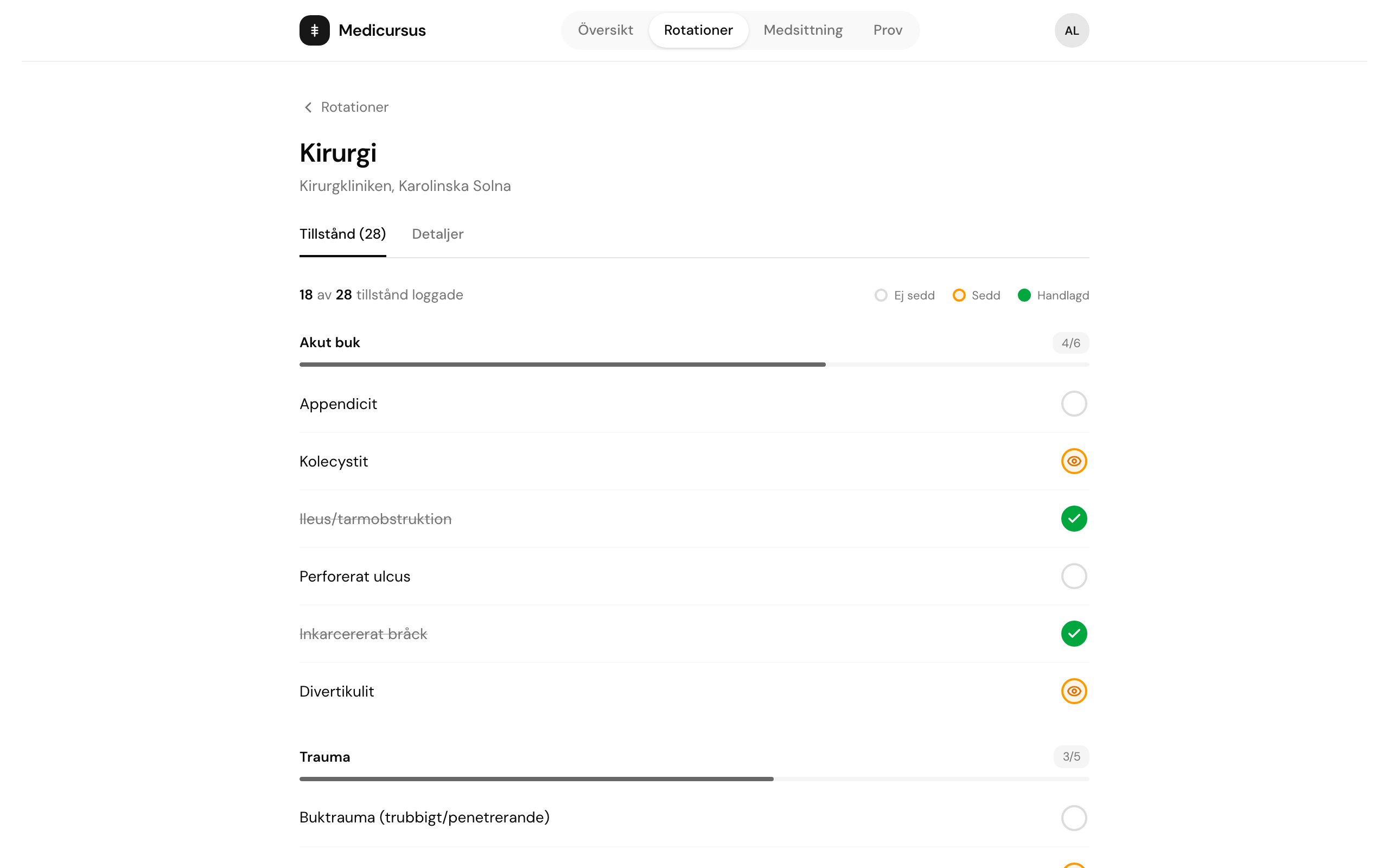 Tillståndslista för kirurgi med sedd/handlagd-status per tillstånd